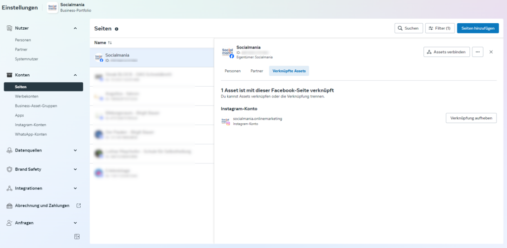 Screenshot Meta Business Suite Verknüpfung Facebook und Instagram