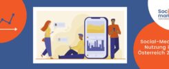 Titelbild Blogartikel Social Media Nutzung in Österreich. Das Bild zeigt einen Cartoon mit Menschen, die Smartphones nutzen.