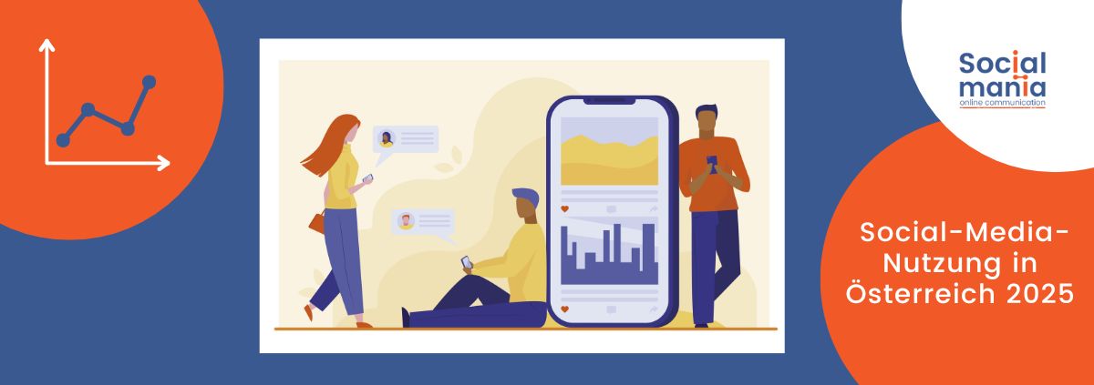 Titelbild Blogartikel Social Media Nutzung in Österreich. Das Bild zeigt einen Cartoon mit Menschen, die Smartphones nutzen.
