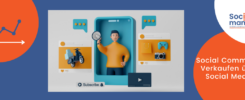 Titelbild Blogartikel Social Commerce, zu sehen ist die Grafik einer Person mit einem Lautsprecher in der Hand und stilisierte Produkte in Social Media Feeds.