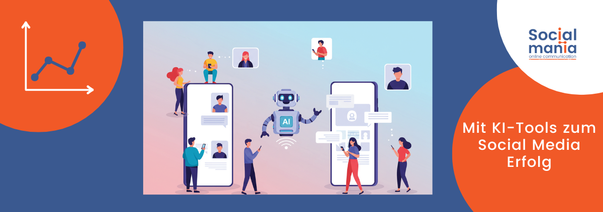 Titelbild Blogbeitrag Mit KI-Tools zum Social Media Erfolg. Eine Grafik zeigt einen Roboter und daneben Smartphones und Menschen.