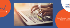 Titelbild Blogbeitrag Social Media Kundenservice. Eine Laptop-Tastatur mit fingern darüber und grafischen Emojis darüber schwebend.