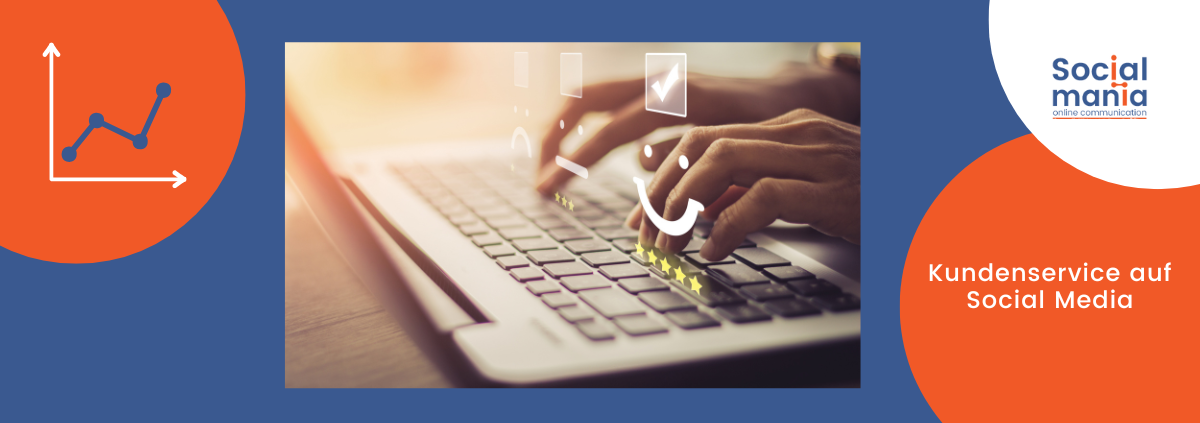 Titelbild Blogbeitrag Social Media Kundenservice. Eine Laptop-Tastatur mit fingern darüber und grafischen Emojis darüber schwebend.